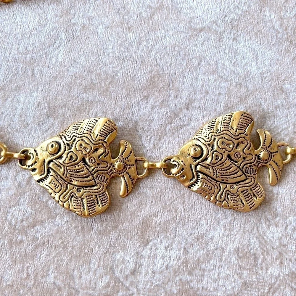 VINTAGE Gold Tone Tropical Angel Fish Chain Belt Metal Cinch Waist Lobster Clasp